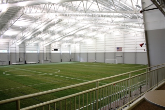 view of one of the indoor fields from the mezzanine